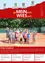 Eine Gruppe von Kindern und Erwachsenen auf einem Tennisplatz, mit Tennisbällen, die in der Luft fliegen. Der Text lautet '10. Kinder- und Jugendsommer'. Die Veranstaltung bietet Schwimmkurse, Tenniskurse und Jugendaktivitäten an. Es gibt noch Möglichkeiten zur Teilnahme.