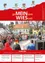 Ein Plakat für Fasching in Wies zeigt eine große Menschenmenge in festlichen Kostümen, mit einer Bühne und Lautsprechern im Vordergrund. Die Gebäude im Hintergrund deuten auf eine kleine Stadt hin.