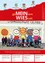Plakat für einen Laufevent mit einer farbenfrohen Zeichnung von lächelnden Kindern. Unter der Zeichnung posieren eine Gruppe von Kindern und Erwachsenen für ein Foto.