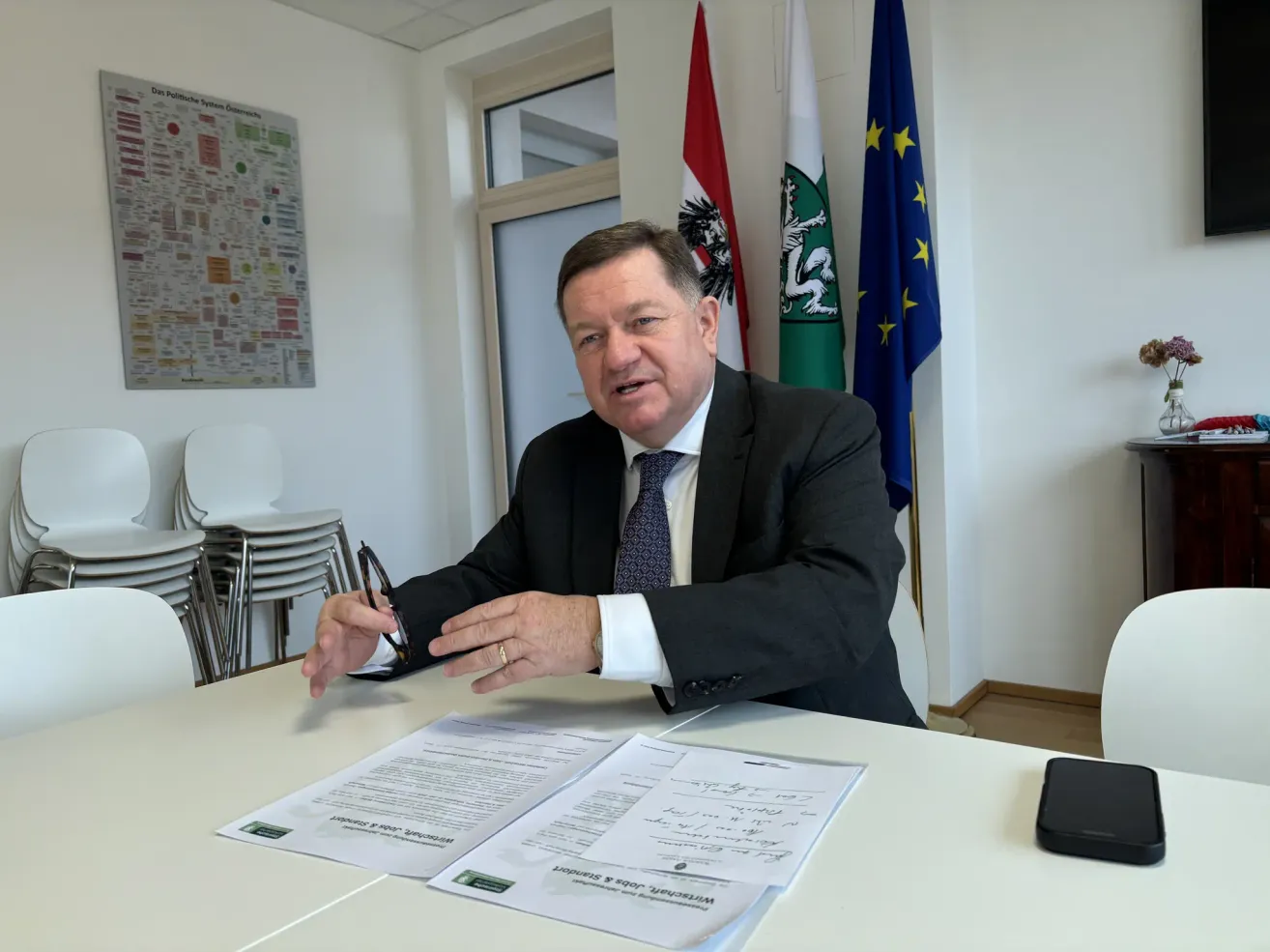 Ein Mann in einem Anzug sitzt mit Dokumenten am Schreibtisch. Hinter ihm befinden sich die Flaggen von Österreich, Bayern und der EU.