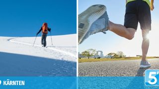 Person beim Skifahren durch den Schnee mit Skistöcken und einem orangefarbenen Rucksack. Eine andere Person läuft auf einer Straße mit einem Schuh.