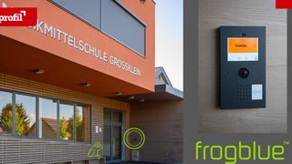 The Mittelschule Grossklein building is shown with a glass door and windows. A doorbell is mounted on the wall with a camera and a button.