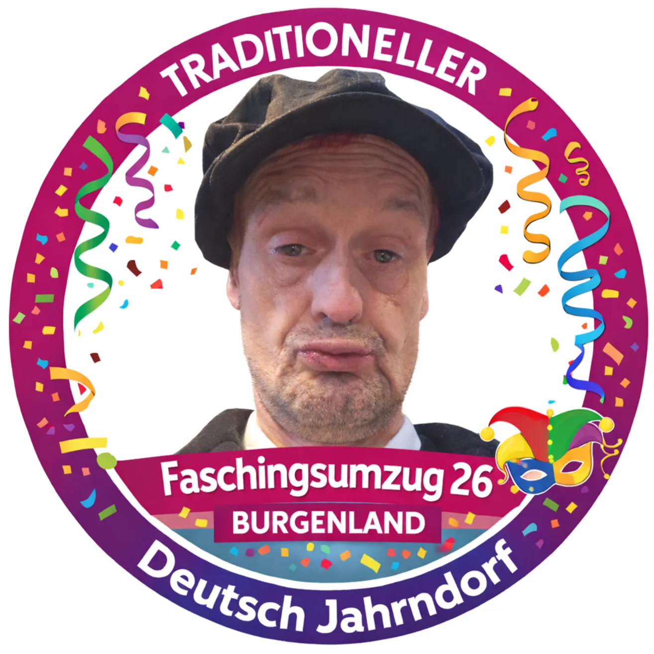 Ein Mann mit Hut steht in einem runden Rahmen. Konfetti und Bänder umgeben ihn. Der Text lautet 'Faschingsumzug 26 Burgenland Deutsch Jahrndorf.' Das Design ist farbenfroh mit weißem Hintergrund.