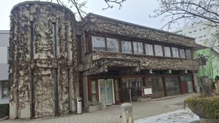 A building covered with ivy has multiple windows and a glass door with a trash bin nearby. It's on a cobblestone path with snow on the ground.
