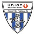 The logo for Union Neuhofen/Ikrema features a stylized rooster on a shield with blue and white stripes, set against a white background, with the text 'Sektion Fussball' below the rooster.