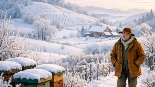 An elderly man walks in the snow, next to bee hives, in a snowy landscape with a house in the background.