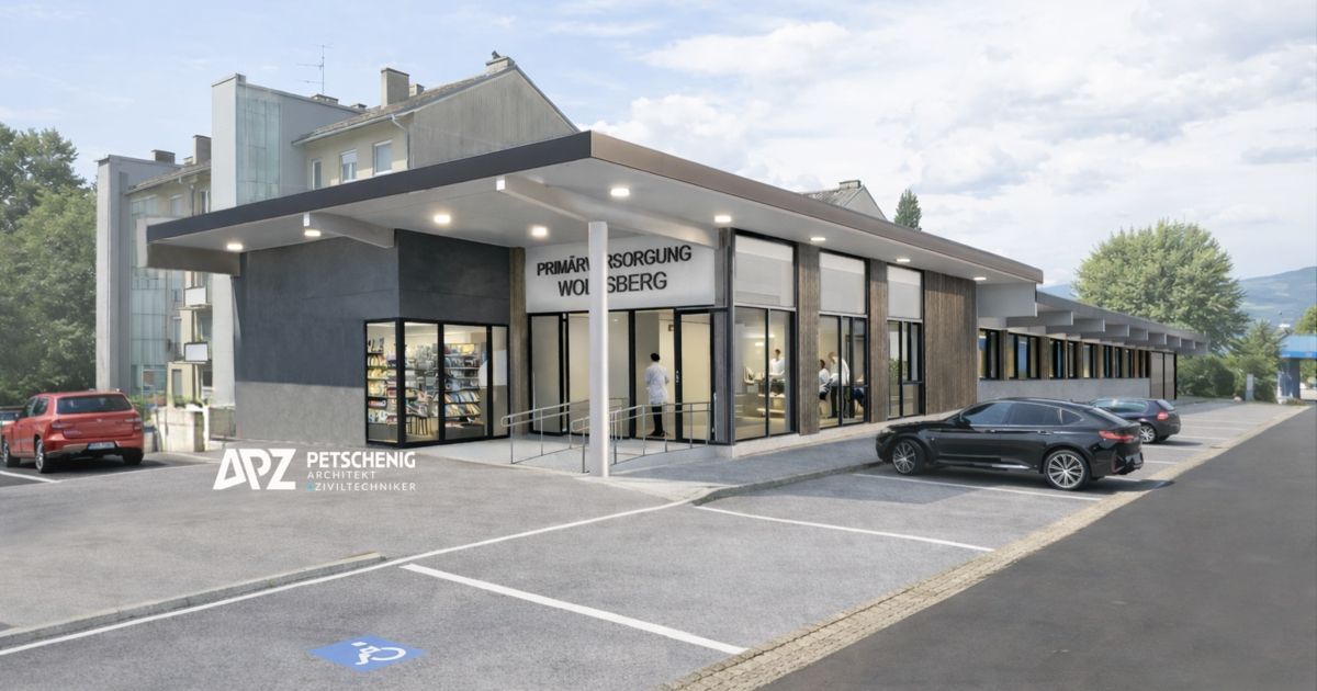 An architectural rendering of a building with the words 'Primärversorgung Woßberg'. A black car is parked nearby.