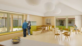 An indoor scene with two people, one reading, near a glass door. A dining area with tables, chairs, and a bench. Artwork on the wall, round lights on the ceiling.