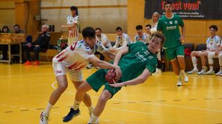 Two players in jerseys are playing basketball, one in green and the other in white, during a game. Several people are sitting on the sidelines.