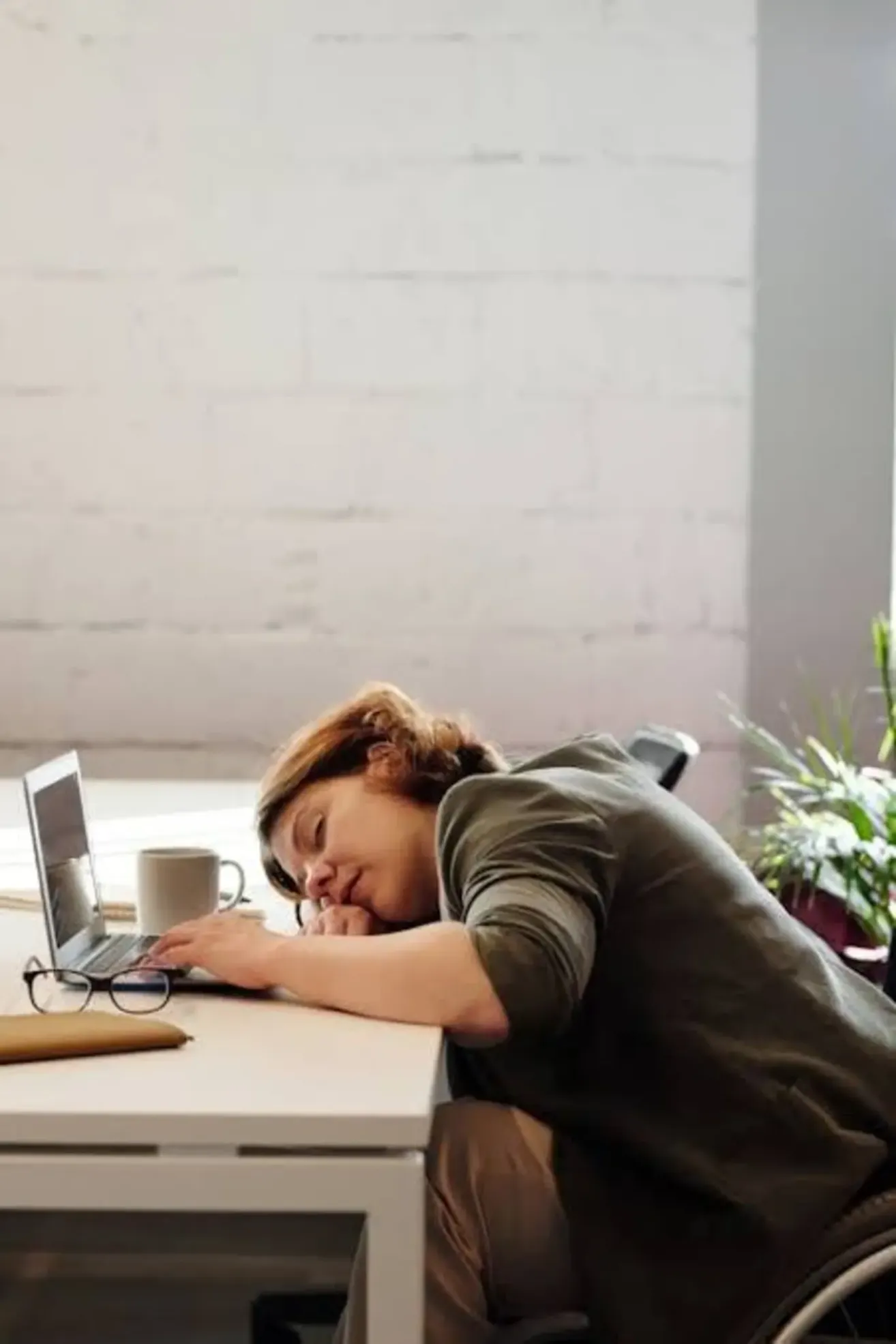 A woman is sleeping at a desk with a laptop, glasses, and a coffee cup. She has a plant and a white wall in the background.