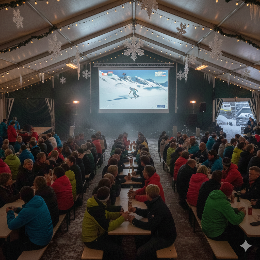 Ein großes Zelt beherbergt eine winterliche Veranstaltung mit Menschen, die an Tischen sitzen und eine Projektionsleinwand betrachten. Ein Skifahrer wird auf der Leinwand gezeigt. Schneeflocken und Lichter schmücken das Zelt.