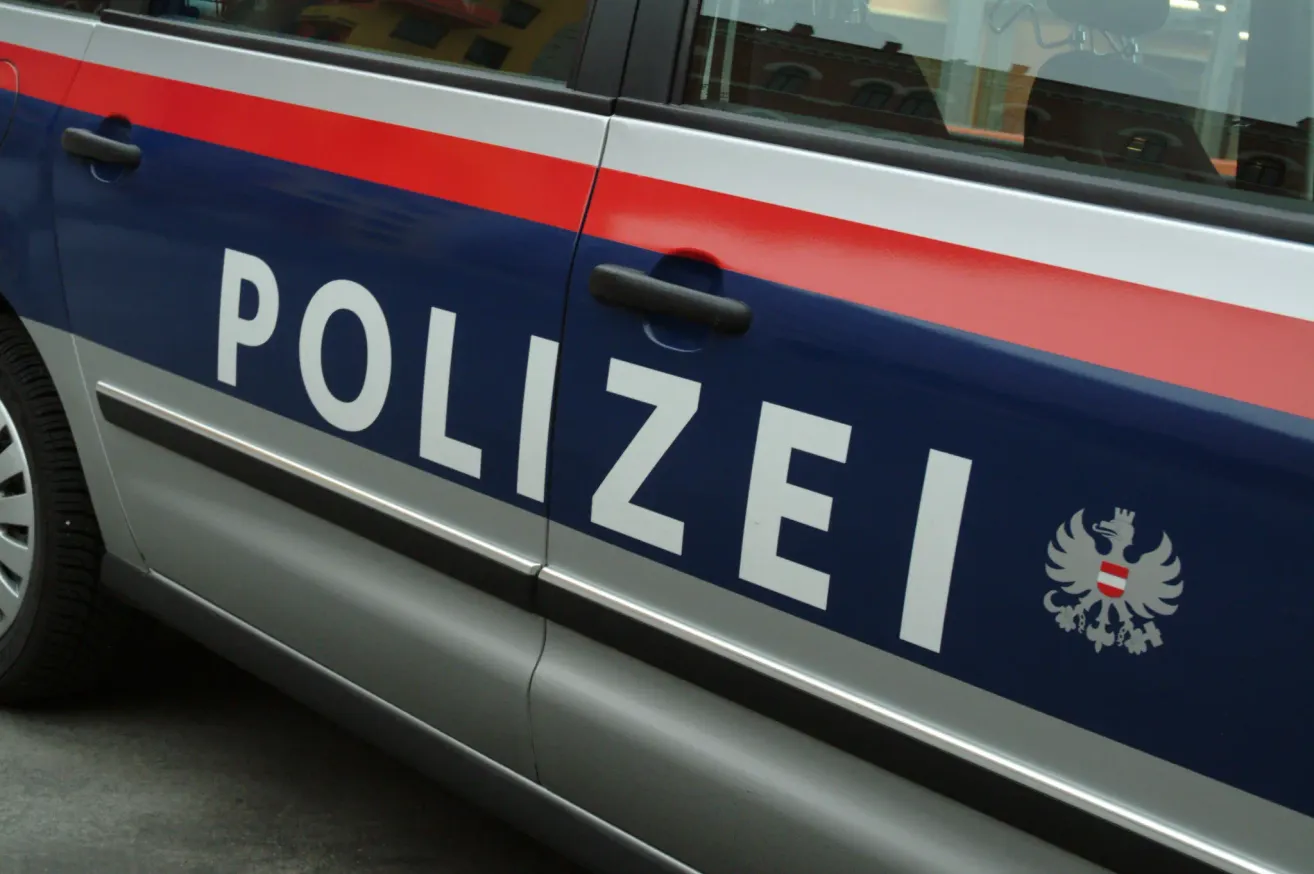 Ein Nahaufnahme von einem Polizeiauto mit blauen, roten und weißen Streifen, dem Wort 'POLIZEI' in weiß und einem schwarzen Griff.