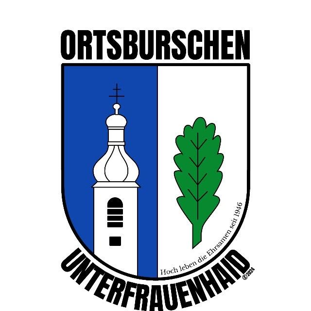 Das Logo von Ortsburschen Unterfrauenhaidt zeigt einen Kirchturm, einen Baum und den Text 'HOCH LEBEN DIE EHREN SEIT 1946'. Der Turm ist weiß und der Baum grün. Das Logo ist seit 2024 urheberrechtlich geschützt.