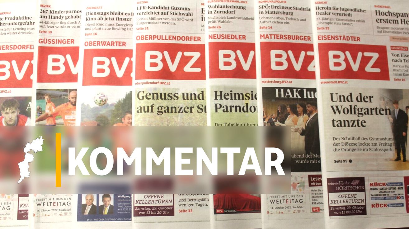 A newspaper with various headlines and sections, including 'Oberpullendorfer', 'Neusiedler', and 'Mattersburger', is shown. The central focus is a large white text reading 'KOMMENTAR'. Additional texts and images are partially visible.