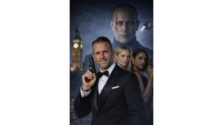 A poster for a movie featuring a man in a tuxedo holding a gun, with a woman and a serious man in the background, and a helicopter above.