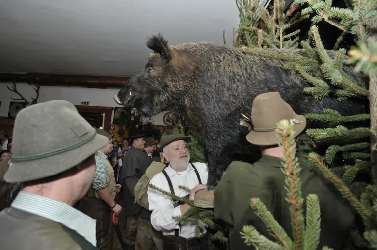 Eine Gruppe von Leuten in Hüten, einer hält einen Wildschwein auf einem Baum. Ein Mann vorne lächelt und schaut das Schwein an.