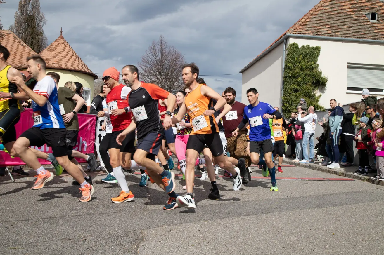Eine Gruppe von Läufern mit nummerierten Startnummern nimmt an einem Marathon bei bewölktem Wetter teil. Zuschauer jubeln von den Rändern.