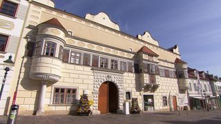 A historical building with a brown arched entrance and several windows adorned with ornate designs. Two flower arrangements are placed on either side of the entrance.