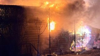 Ein Haus steht bei Nacht in Flammen, das Feuer breitet sich von einem Fenster aus und verzehrt das Gebäude. Bäume und Pflanzen in der Nähe sind ebenfalls in Brand.