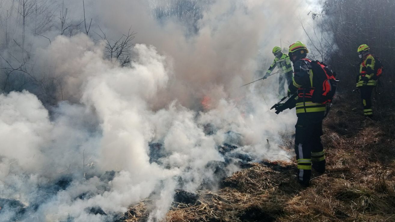 Two firefighters in protective gear are battling a forest fire, using tools to control the flames and smoke in a wooded area.