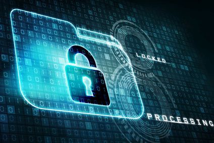 Ein Ordnersymbol mit einem Vorhängeschloss und den Worten 'gesperrt' und 'verarbeitung' auf einem Hintergrund aus Binärcode.
