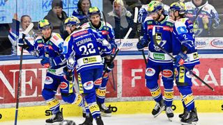 Eine Gruppe von Eishockeyspielern in blauen Uniformen, die ein Tor feiern. Sie skaten auf einer Eisbahn mit einer rot-weißen Wand im Hintergrund. Einige Leute schauen von hinter der Glasbarriere zu.