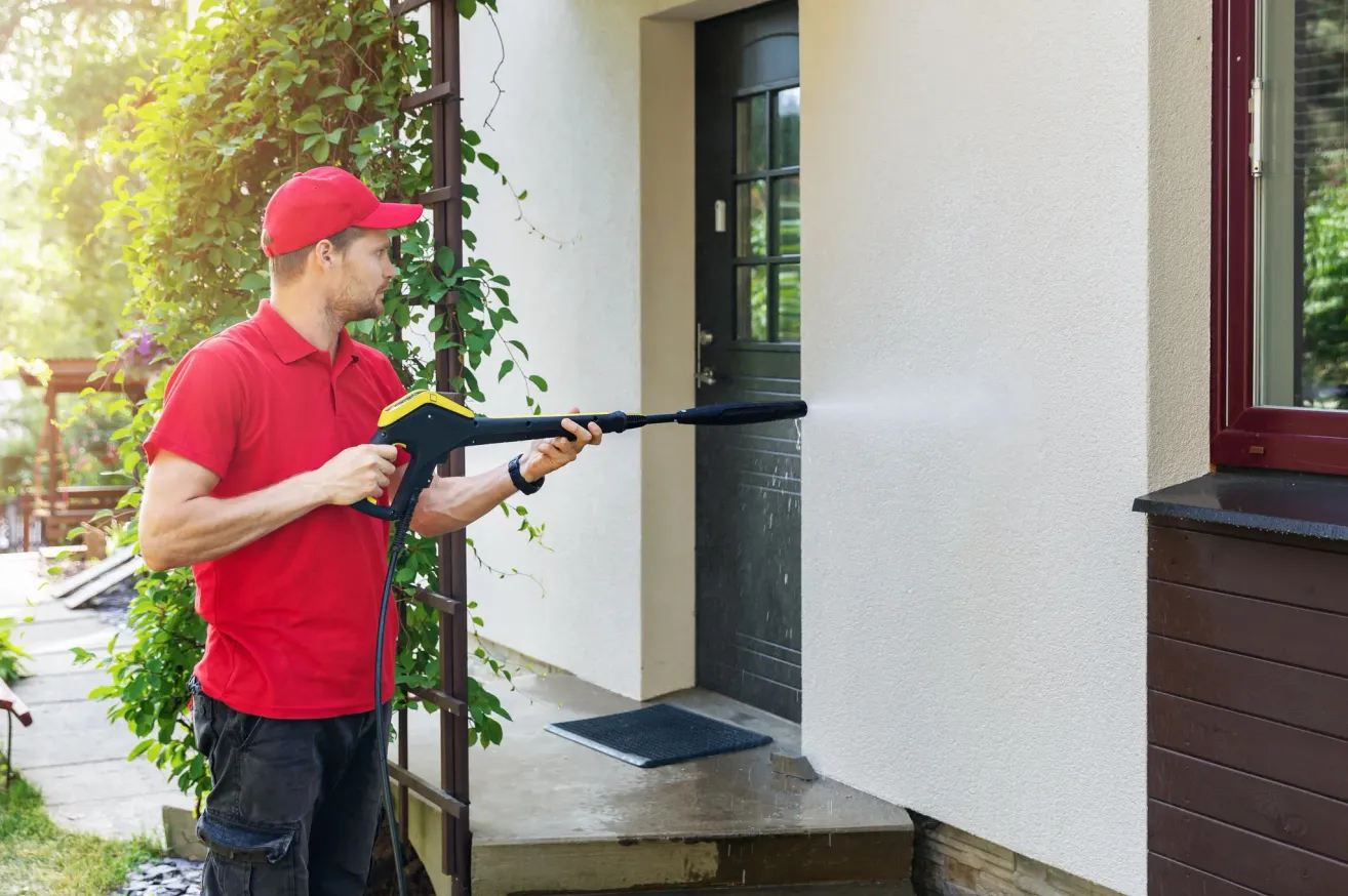 A man in a red shirt and hat uses a pressure washer to clean the wall of a house.