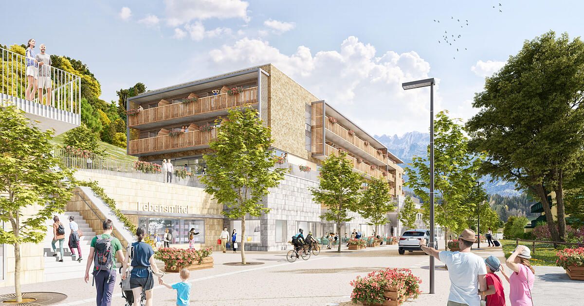 Eine konzeptionelle Darstellung eines mehrstöckigen Gebäudes mit Balkonen und einem Schild mit der Aufschrift 'Lebensmittel', umgeben von Menschen, Fahrrädern und Bäumen an einem sonnigen Tag.