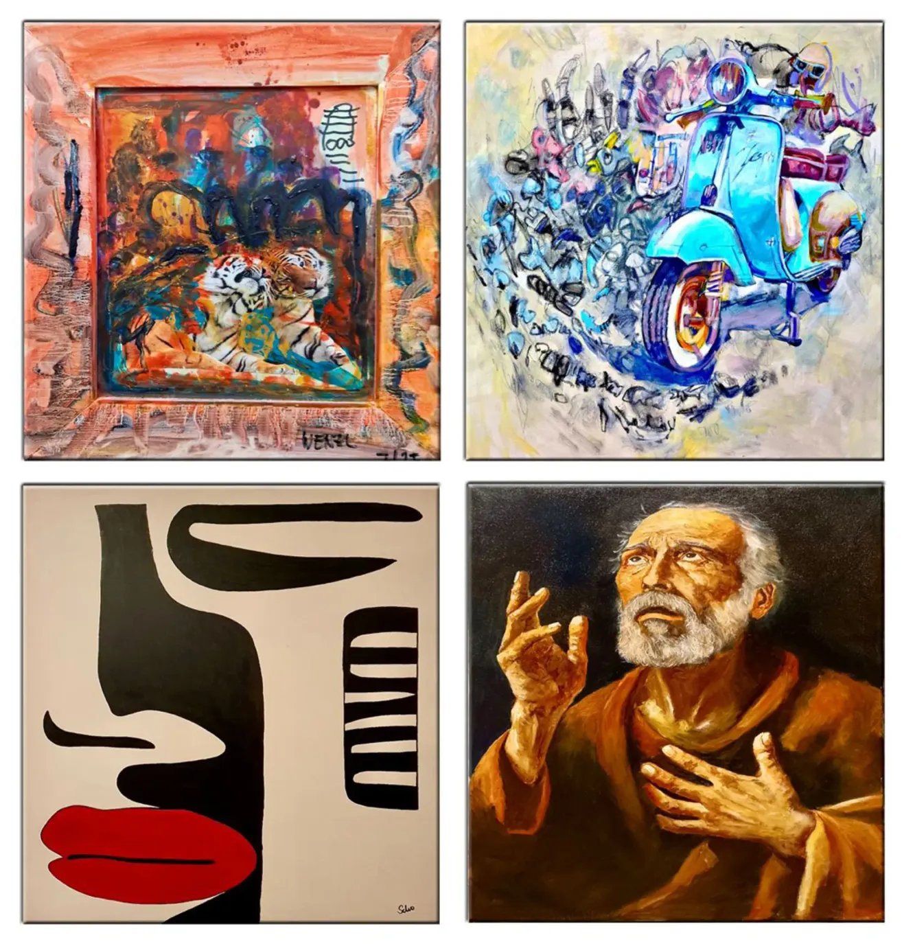 Eine Collage aus vier verschiedenen Gemälden; eines zeigt zwei Tiger, ein anderes einen blauen Roller, das dritte ist ein abstraktes Gesicht und das vierte stellt einen älteren Mann beim Beten dar.