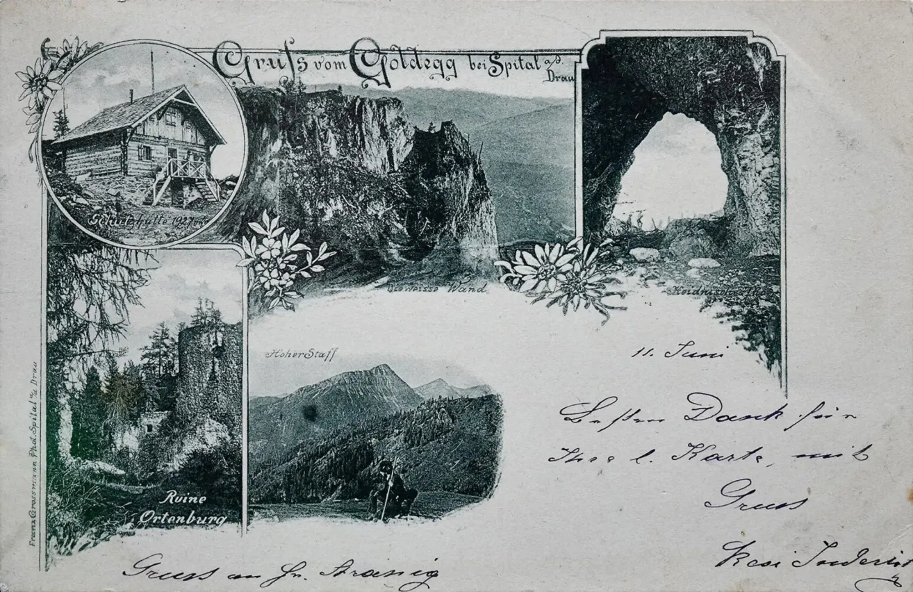 Eine alte Postkarte mit landschaftlichen Ansichten von Bergen, Häusern und Landschaften mit handschriftlichen Notizen auf Deutsch. Das Bild ist vom 11. Juni.