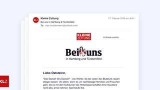 Email from Kleine Zeitung on February 27, 2026, addressed to max.mustermann@outlook.com. It discusses an upcoming issue in Hartberg and Fürstenfeld. It features a logo for Beiuns, a woman with a book, and a message about the urgency of rear window cleaning.