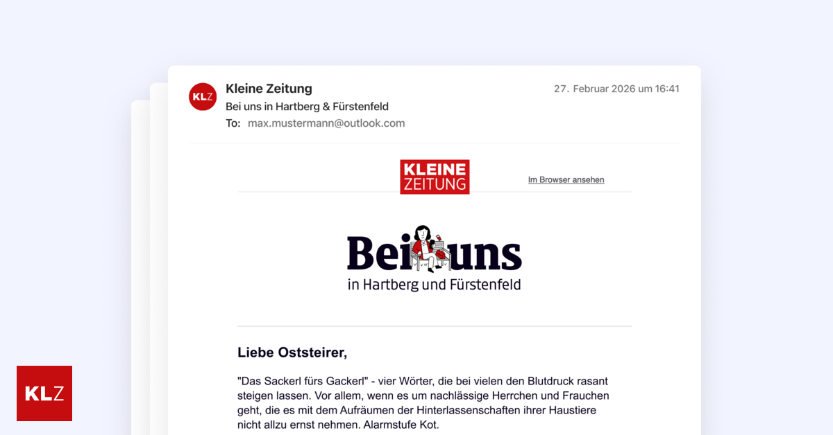 Email from Kleine Zeitung on February 27, 2026, addressed to max.mustermann@outlook.com. It discusses an upcoming issue in Hartberg and Fürstenfeld. It features a logo for Beiuns, a woman with a book, and a message about the urgency of rear window cleaning.
