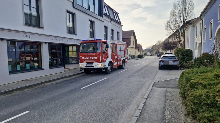 A red fire truck drives down a street with a shop named Morwald Gut on the left and houses on the right.