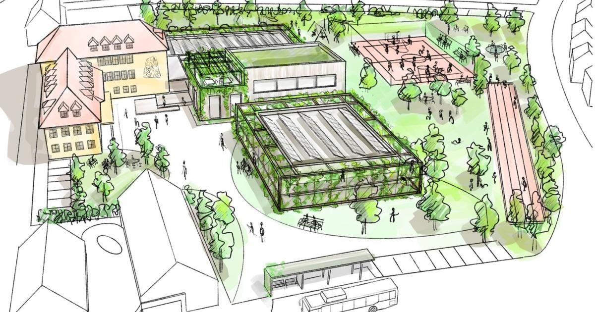 Aerial view of a school complex with buildings, a greenhouse, and outdoor areas with people, trees, and benches.