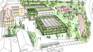 Aerial view of a school complex with buildings, a greenhouse, and outdoor areas with people, trees, and benches.