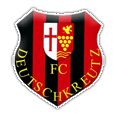 A shield with red and black stripes featuring the letters FC and the word Deutschkreutz in yellow font. A crest with a shield, grapes, and a bird.