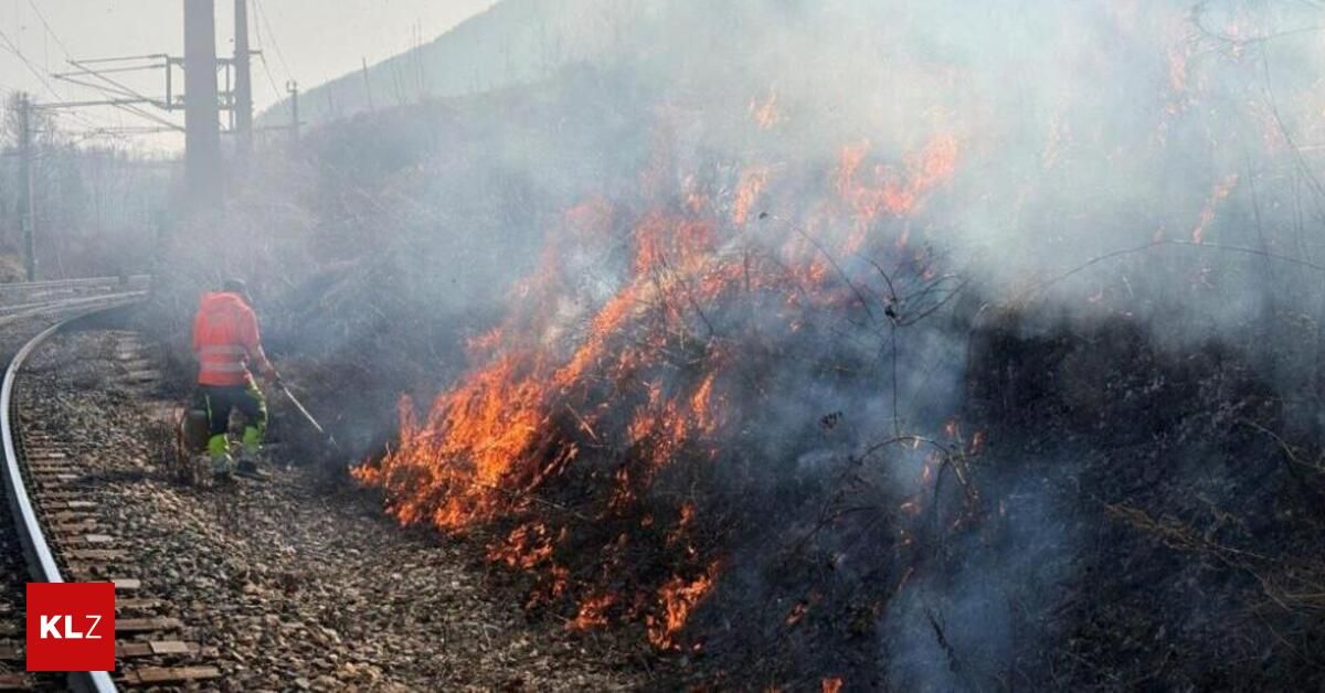 A firefighter is extinguishing a wildfire on a hillside, with flames and smoke rising.