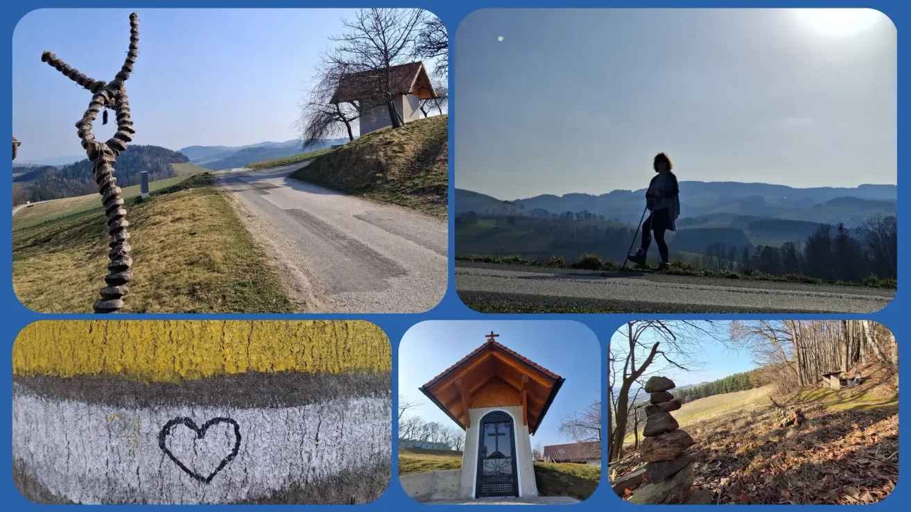 A collage of four images: a road, a house on a hill, a person walking with a stick, and a small chapel with a cross.