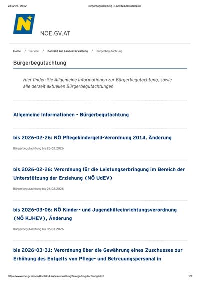 Eine Webseite zeigt eine Navigationsleiste mit 'Startseite,' 'Service,' 'Kontakt zur Landesverwaltung' und 'Bürgergeld.' Darunter befindet sich eine Überschrift 'Bürgergeld' mit einem Absatz, der allgemeine Informationen dazu enthält. Darunter folgen drei Abschnitte mit Datum und Titeln zu den 'Bürgergeld'-Verordnungen.