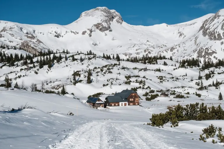 Eine verschneite Berglandschaft mit einem Chalet unter einem klaren blauen Himmel. Das Chalet hat Solarpanels auf dem Dach.