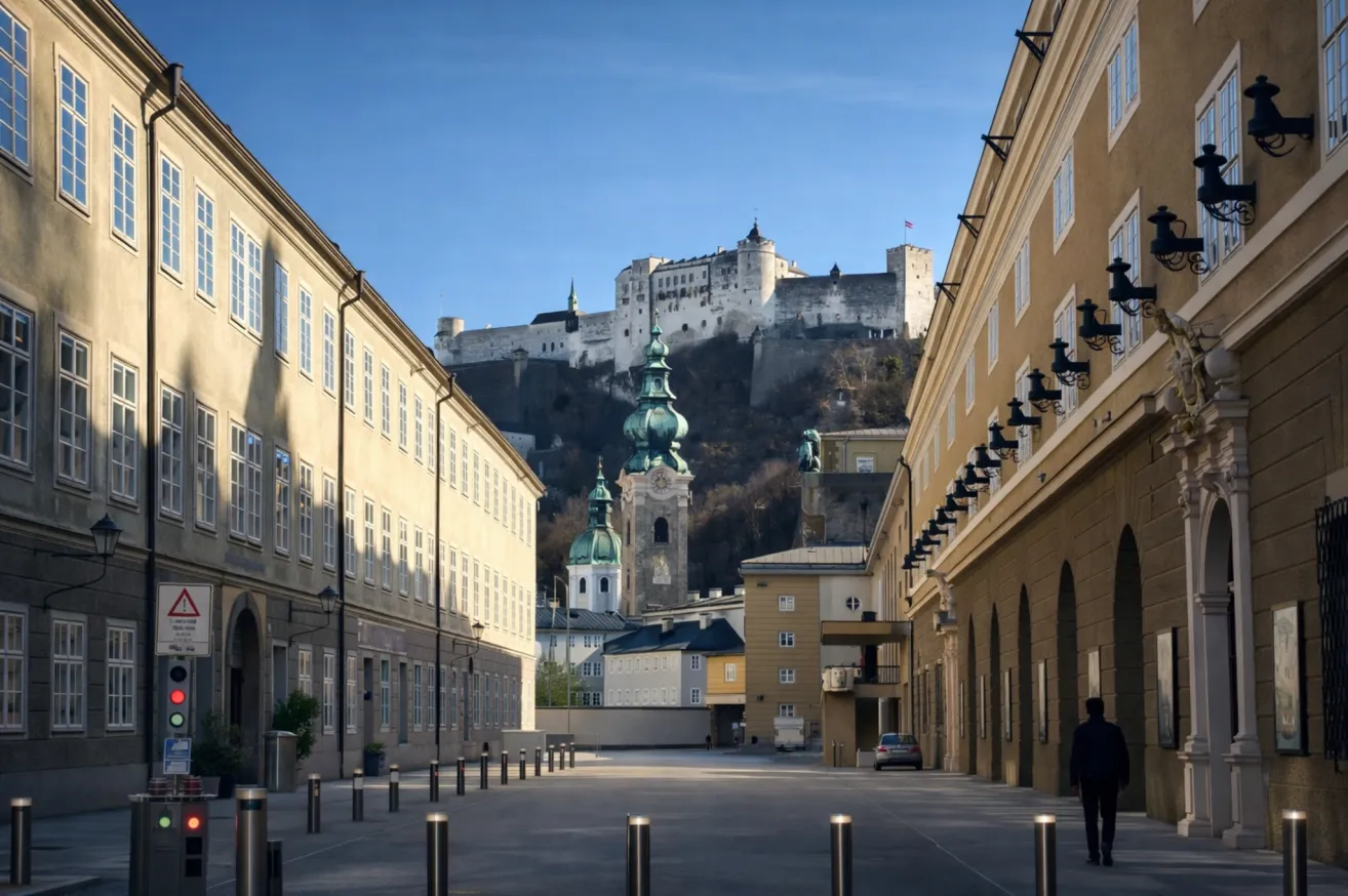 Eine leere Straße mit historischen Gebäuden und der Festung Hohensalzburg im Hintergrund, Salzburg, Österreich.