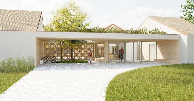 Eine Zeichnung eines modernen Hauses mit überdachtem Eingang, einer Frau in einem weißen Hut und einer orangefarbenen Tasche und einem Mann, der hineingeht.