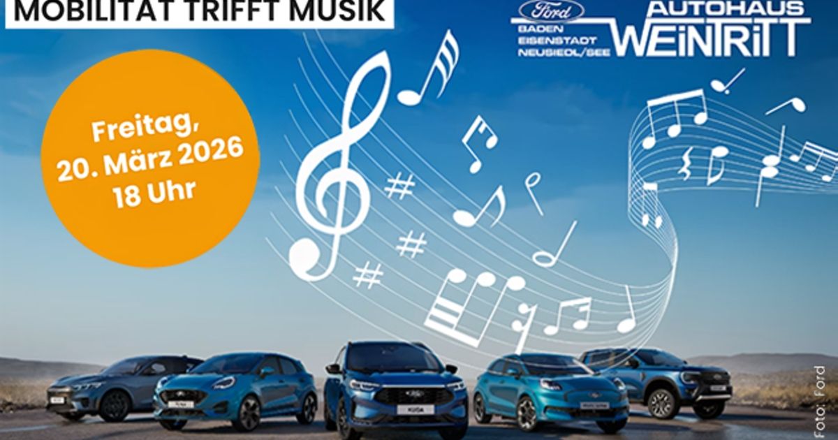 Eine Werbung für Ford Autos mit musikalischen Noten und einem Datum, 2026. Mehrere blaue Ford Autos sind an einem klaren Tag ausgestellt.