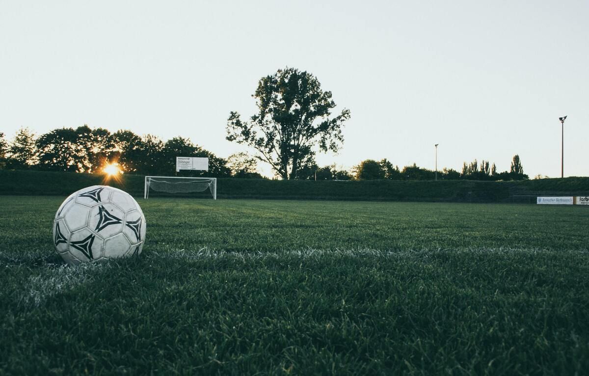Ein Fußball liegt auf einem grünen Feld in der Nähe eines Tors, mit einem Schild und Bäumen im Hintergrund.