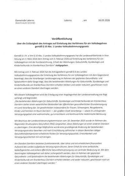 Am 3. März 2026 hat die Landeswahlbehörde die Zulassung des Antrags auf Einleitung des Verfahrens für ein Volksbegehren gemäß § 10 Abs. 1 des Landes-Volksabstimmungsgesetzes beschlossen. Der Antrag wurde am 3. Februar 2026 eingereicht.