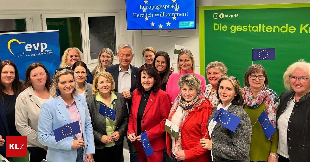 Eine Gruppe von Menschen steht zusammen und lächelt für ein Foto. Sie halten Flaggen der Europäischen Union. Ein Schild im Hintergrund lautet 'Europagesprache. Herzlich Willkommen!' Ein Mann im Anzug steht in der Mitte.