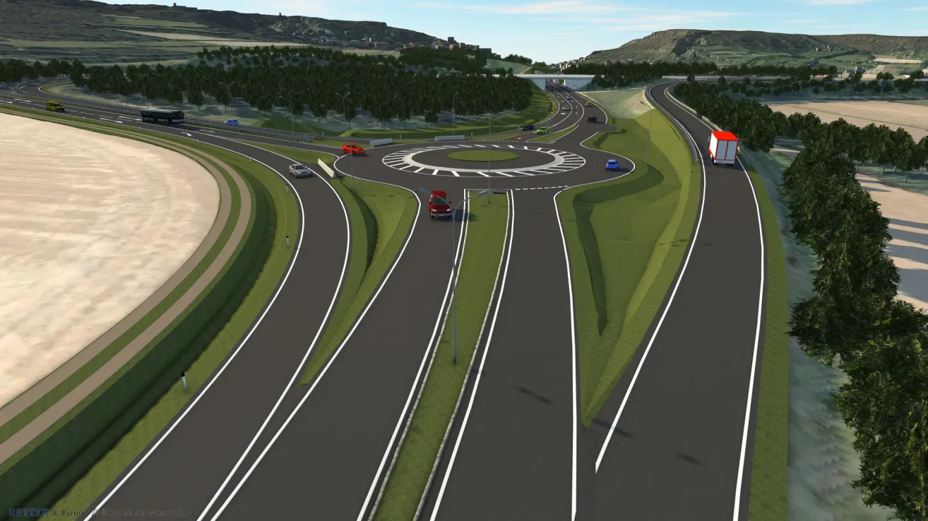 Simulation einer mehrspurigen Autobahn mit einem Kreisverkehr. Verschiedene Fahrzeuge sind auf den Straßen unterwegs, mit Grünflächen und Hügeln im Hintergrund.