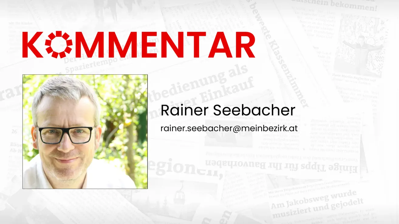 Ein Bild eines Mannes mit Brille, Name Rainer Seebacher, und einer E-Mail-Adresse, mit dem Wort 'kommentar' auf einem verschwommenen Hintergrund.
