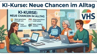 Eine Illustration von Menschen, die Laptops und KI verwenden, um ihren Alltag zu organisieren, Zeit zu sparen, Bilder und Medien zu erstellen.