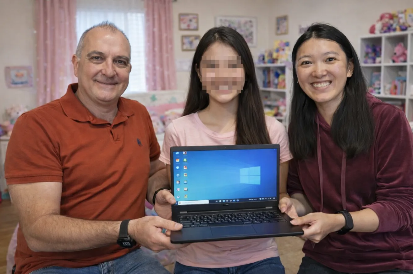 Drei Personen posieren mit einem Laptop. Ein Mann in einem orangefarbenen Hemd hält den Laptop mit einer Hand und lächelt. Ein Mädchen in einem rosa Shirt hat ein verpixeltes Gesicht. Eine andere Frau in einem kastanienbraunen Shirt hält den Laptop mit der anderen Hand.